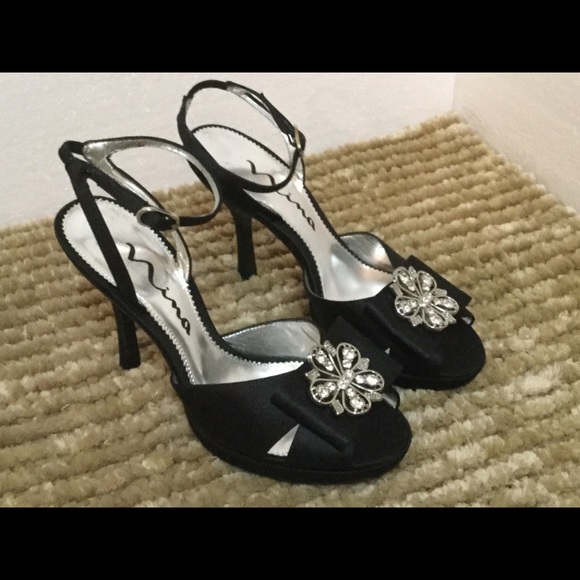 Nina Black Satin Peep Toe With Rhinestone  Hardware Dressy Heels - Picture 2 of 6